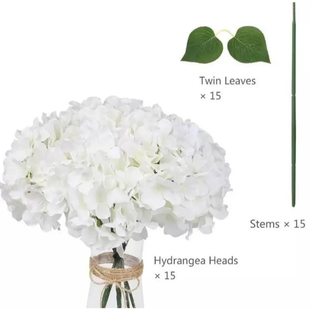 15 piece | White Hydrangeas Flowers w/ stems & Leaves Wedding Party Bouquet Cent